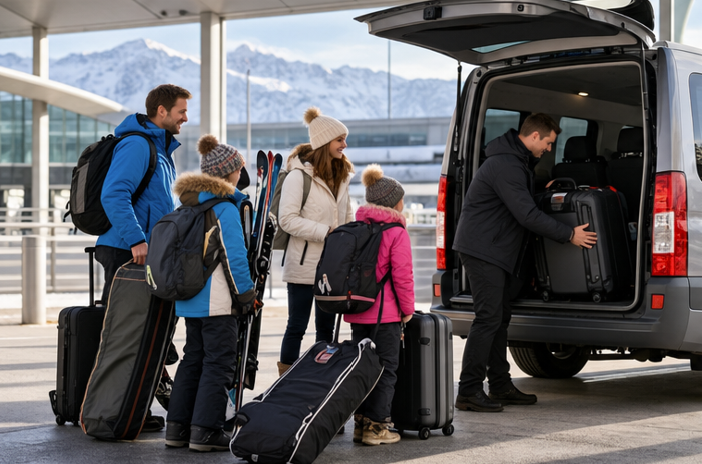 Family with ski equipment and luggage preparing to board a pre-booked airport ski transfer
